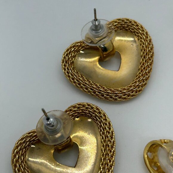 Vintage Gold-Tone Heart & Bow Pierced Earrings Set Statement Vintage - Picture 9 of 11